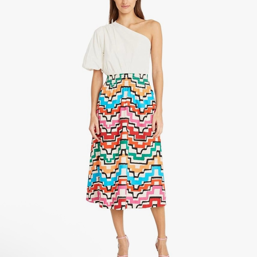 Donna Morgan multicolor one shoulder white cotton stretch midi dress 14p NWT
